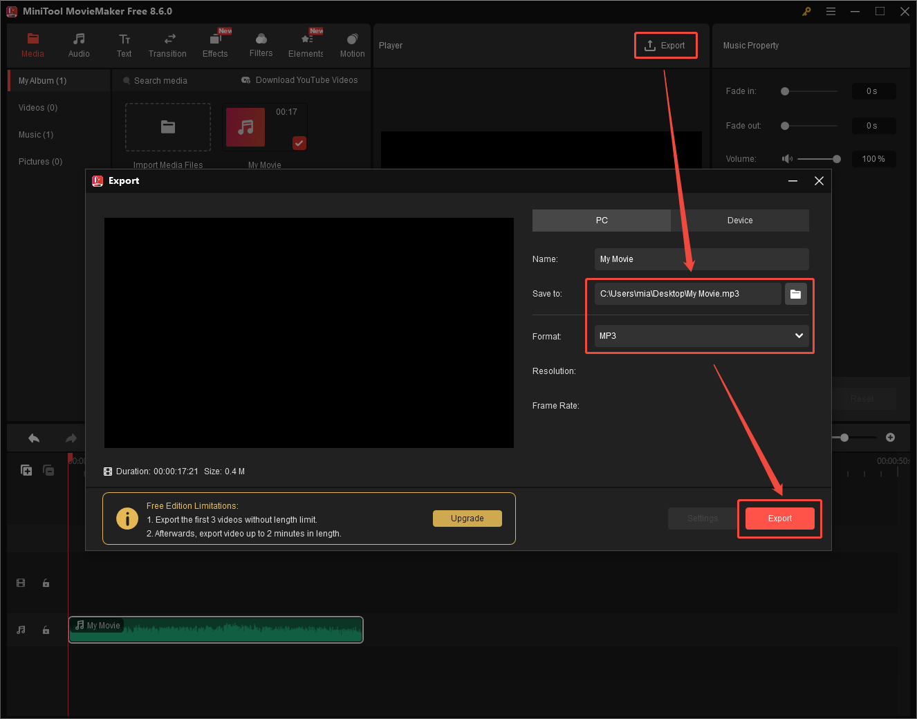 MiniTool MovieMaker interface showing how to set save location and output format.