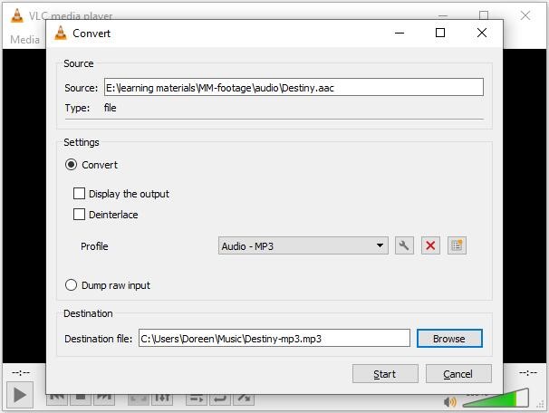 VLC Convert window.