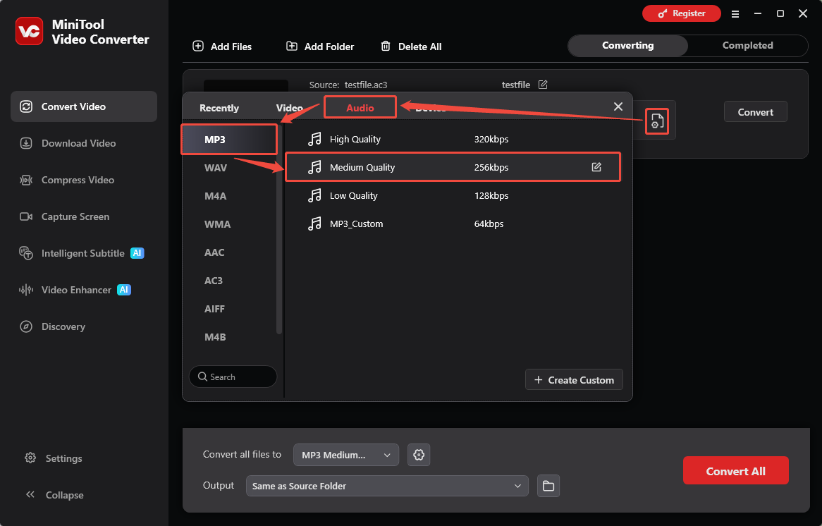 MiniTool Video Converter interface showing how to select MP3 as the export format.