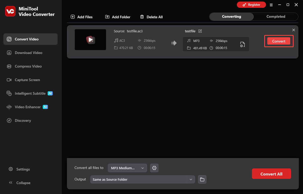 MiniTool Video Converter interface with the Convert option selected.
