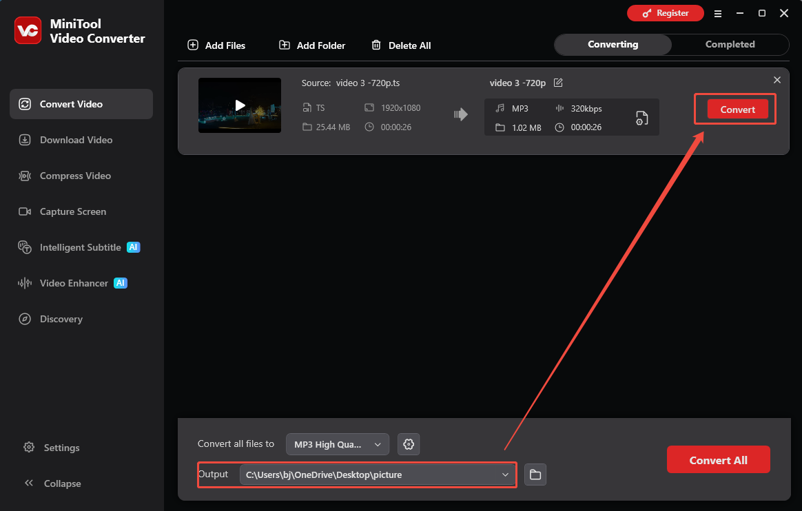 MiniTool Video Converter with the Output option and the Convert button selected in the Convert Video tab.