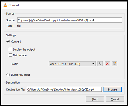 VLC Media Player Convert window showing how to set MP3 as the output format.
