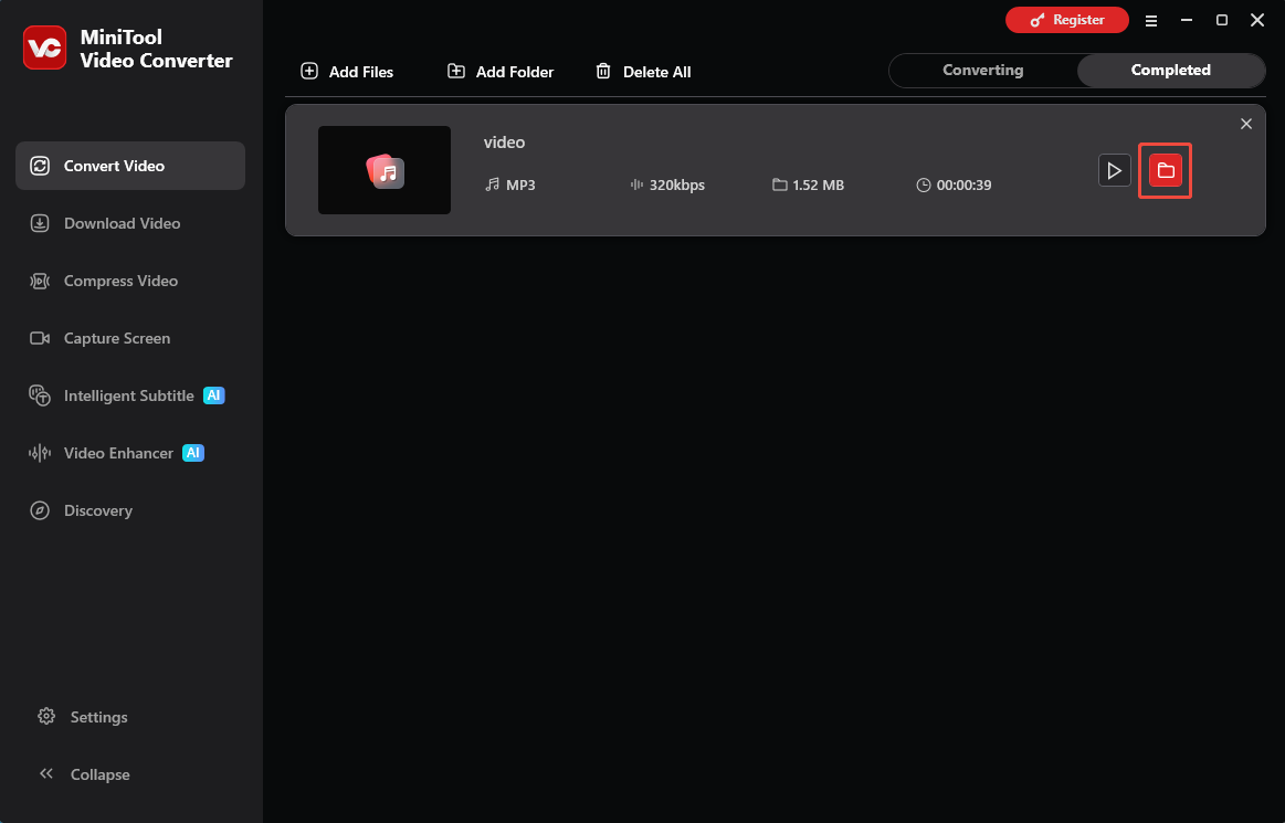 MiniTool Video Converter Convert Video interface with the folder icon selected.