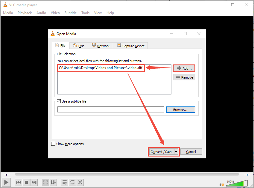 VLC Open Media window showing how to add AIFF file.