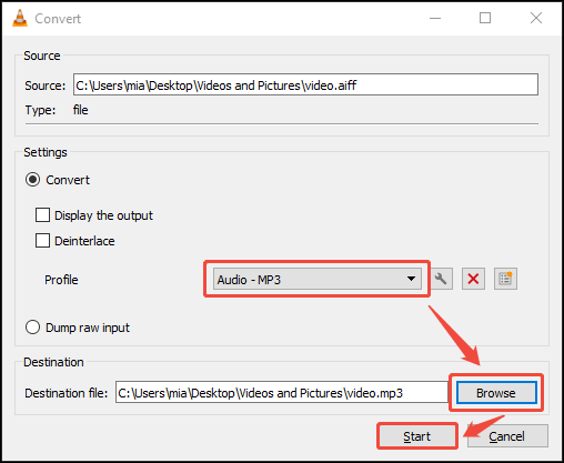 VLC Convert window showing how to set the output format and select the save destination.