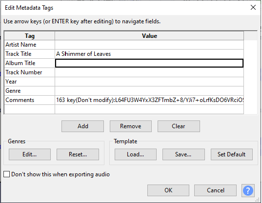Audacity Edit Metadata Tags window.