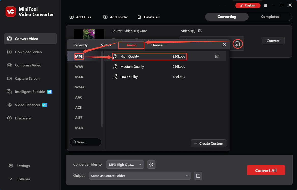 MiniTool Video Converter output format window showing how to set MP3 as the output format in the Convert Video tab.