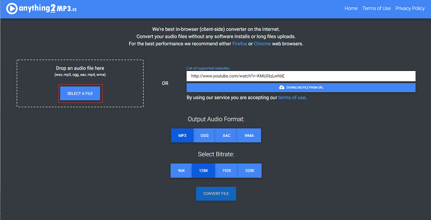 Anything2MP3 interface with the SELECT A FILE option selected.