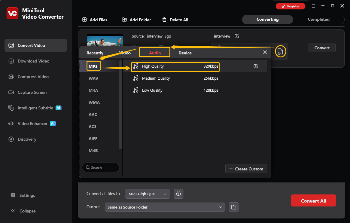MiniTool Video Converter output format window showing how to set MP3 as the output format in the Convert Video tab.