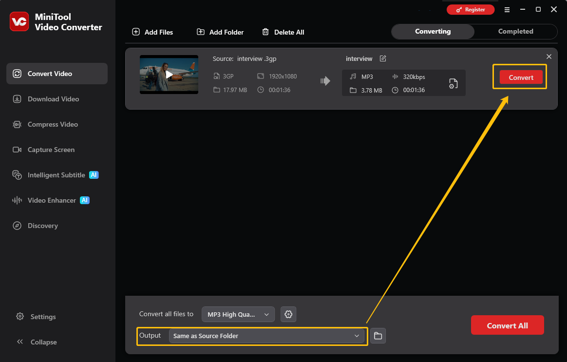MiniTool Video Converter interface with the Output option and the Convert button selected in the Convert Video tab.