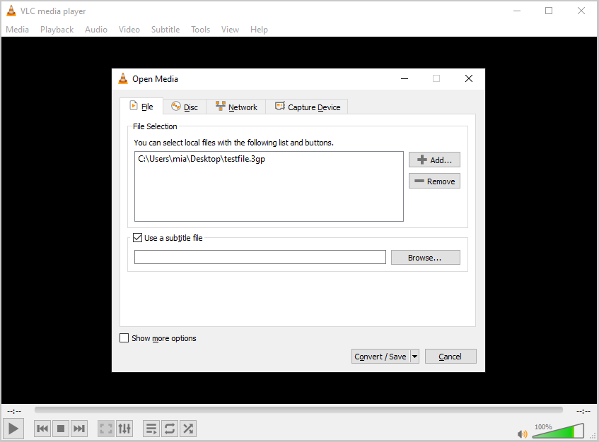 VLC media player Open Media window.