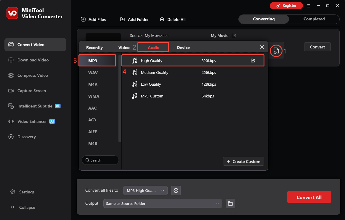 MiniTool Video Converter Convert Video interface showing how to set the export file format.