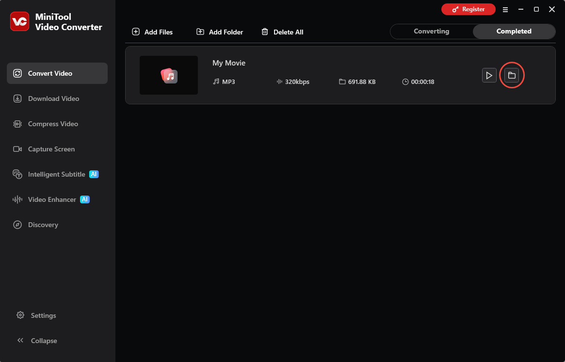 MiniTool Video Converter Convert Video interface with the folder icon selected under the Completed tab.