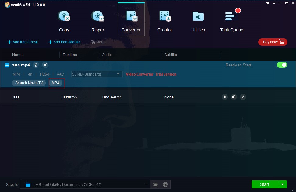 DVDFab Video Converter interface with the MP4 file uploaded.