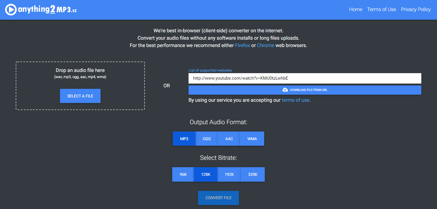 Anything2MP3 video conversion interface.