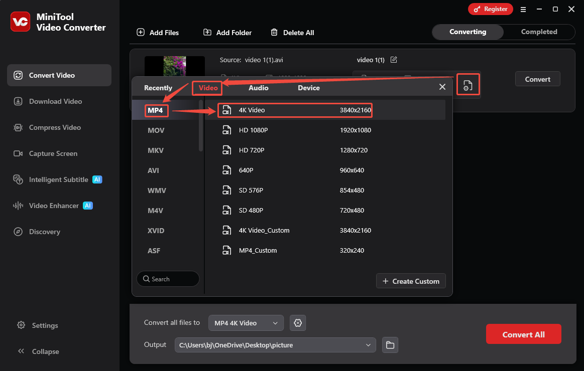 MiniTool Video Converter format settings window showing how to set MP4 for the converted video in the Convert Video tab.