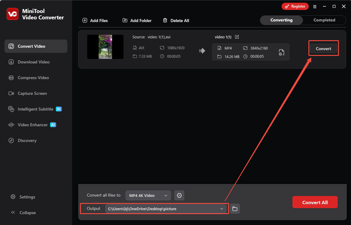 MiniTool Video Converter with the Output option and the Convert button selected in the Convert Video tab.