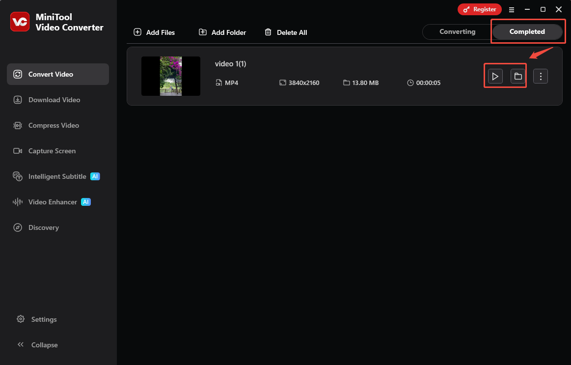 MiniTool Video Converter Completed tab with the Play icon and the Folder icon selected in the Convert Video tab.