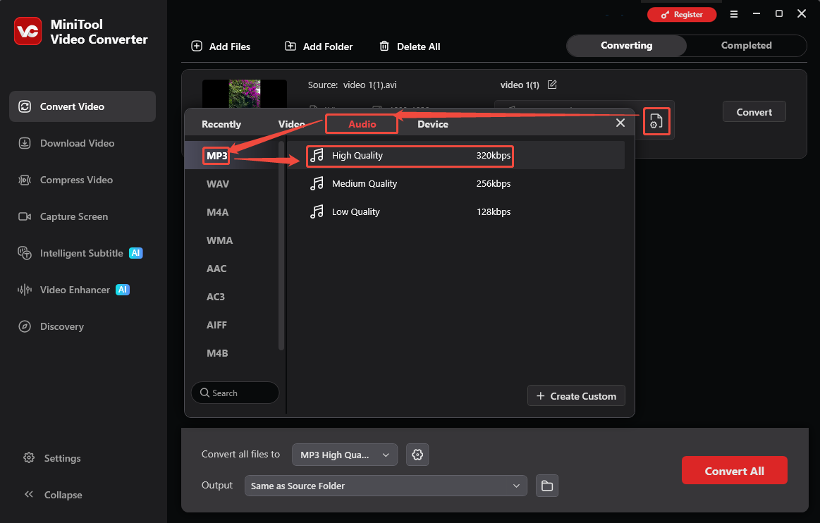 MiniTool Video Converter output format window showing how to set MP3 as the output format in the Convert Video tab.