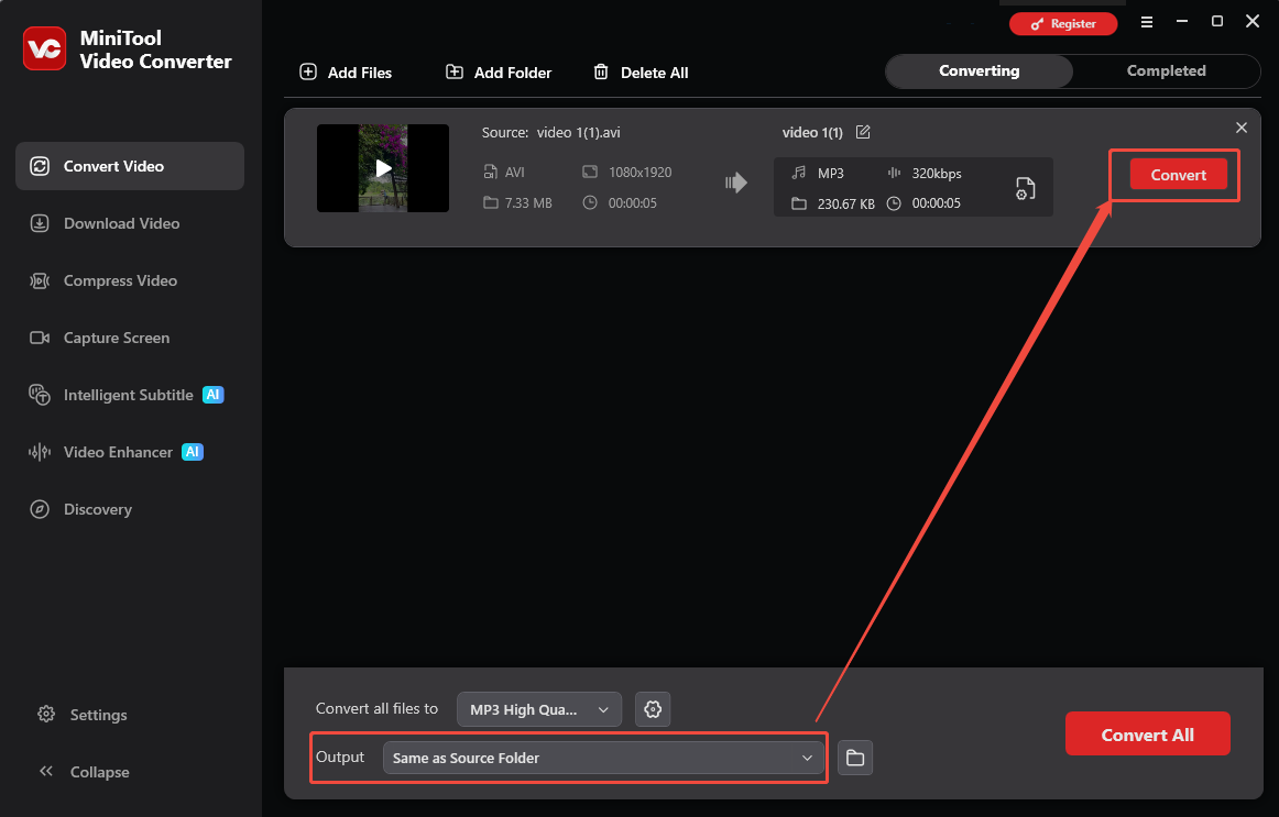 MiniTool Video Converter interface with the Output option and the Convert button selected in the Convert Video tab.