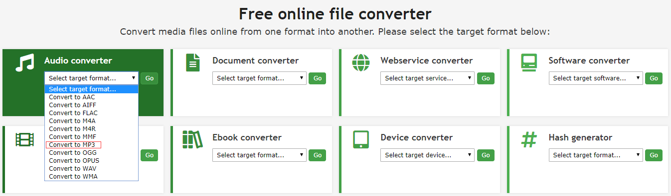 Online Convert interface with the Convert to MP3 option selected.