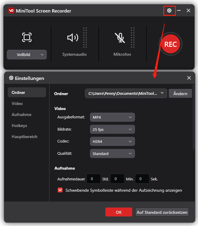 Audioquelle durch einen Klick auf die entsprechenden Symbole festlegen und das Einstellungsfenster öffnen, indem Sie oben rechts auf das Zahnradsymbol klicken
