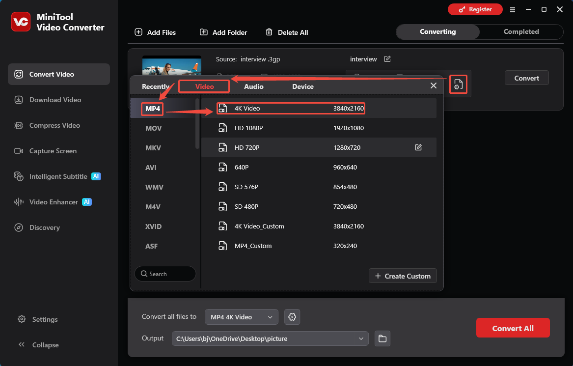 MiniTool Video Converter format settings window showing how to set MP4 for the converted video in the Convert Video tab.