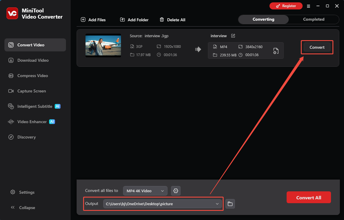 MiniTool Video Converter with the Output option and the Convert button selected in the Convert Video tab.