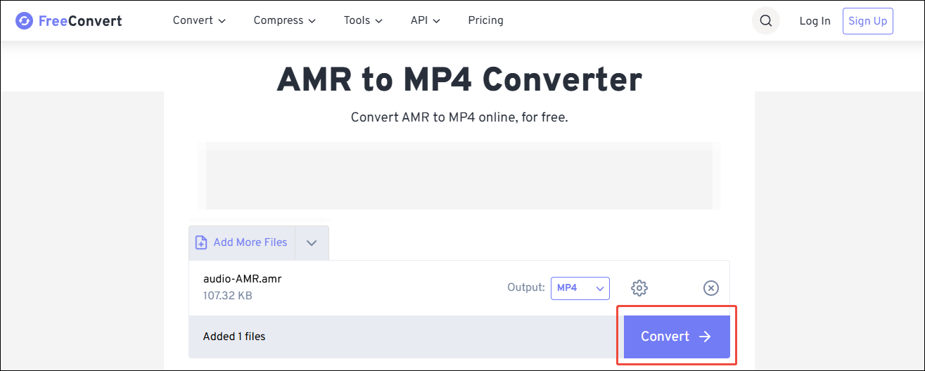 FreeConvert interface with the Convert button selected.