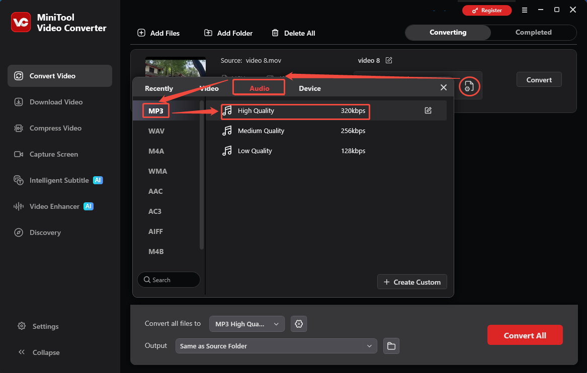 MiniTool Video Converter format settings window showing how to set MP3 for the converted video in the Convert Video tab.