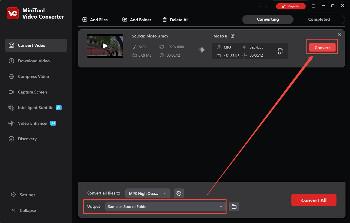MiniTool Video Converter with the Output option and the Convert button selected in the Convert Video tab.