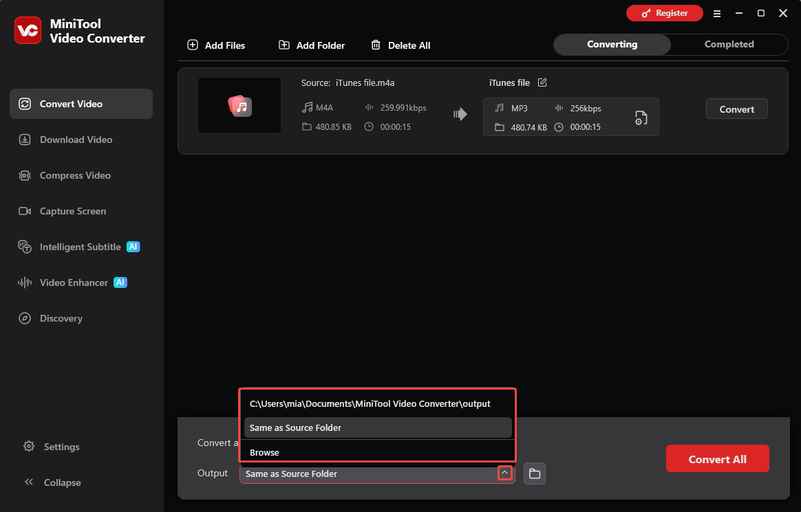 MiniTool Video Converter Convert Video interface showing how to choose the save location.