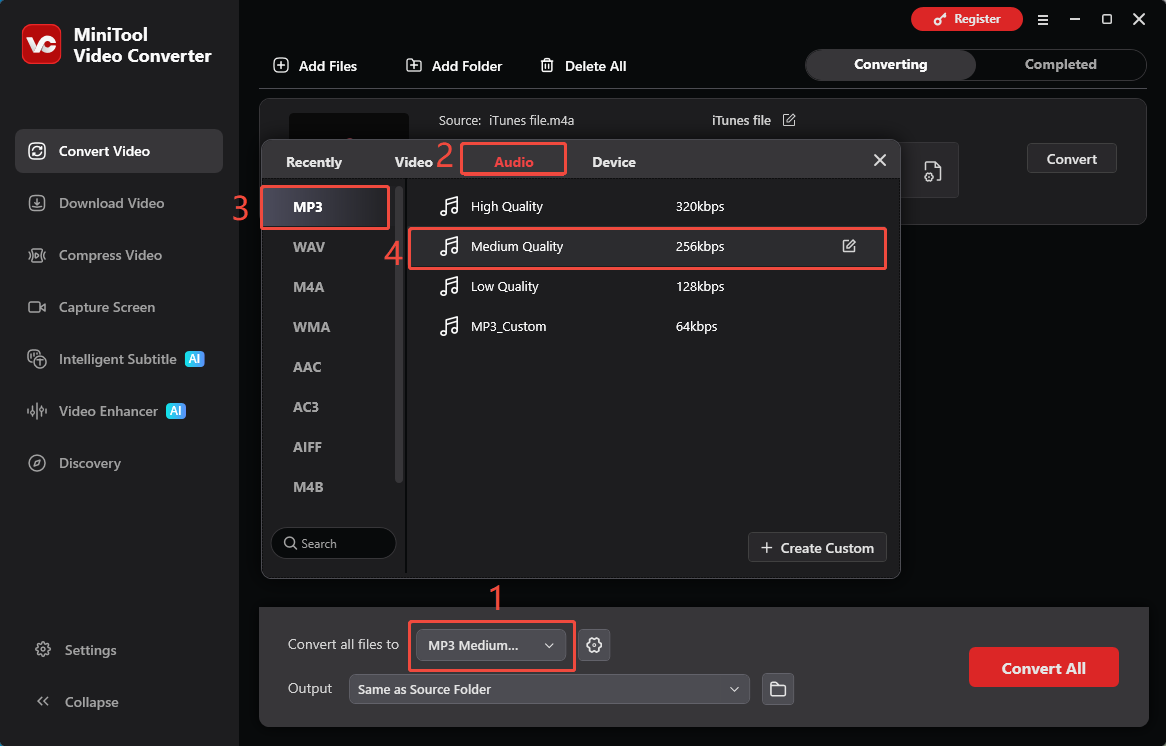 MiniTool Video Converter Convert Video interface showing how to select MP3 as the output format.
