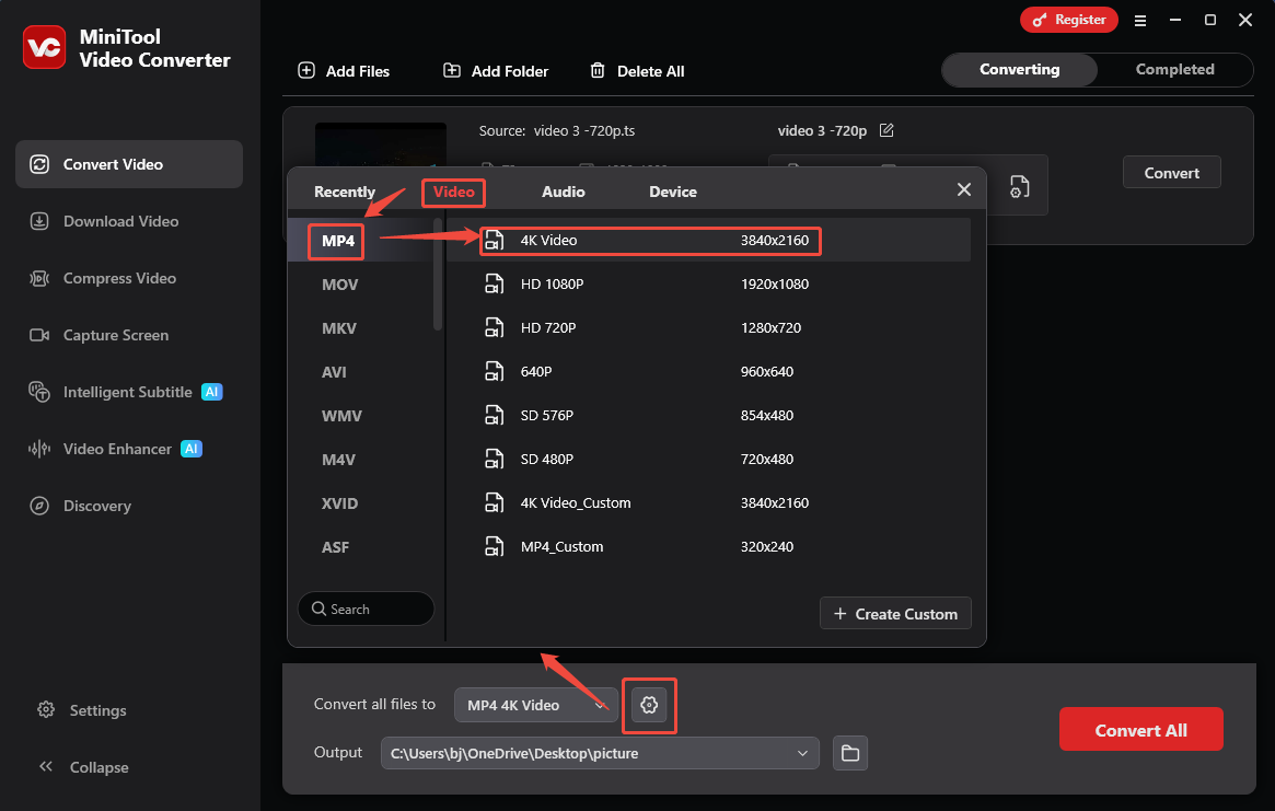 MiniTool Video Converter format settings window showing how to set MP4 for the converted video in the Convert Video tab.