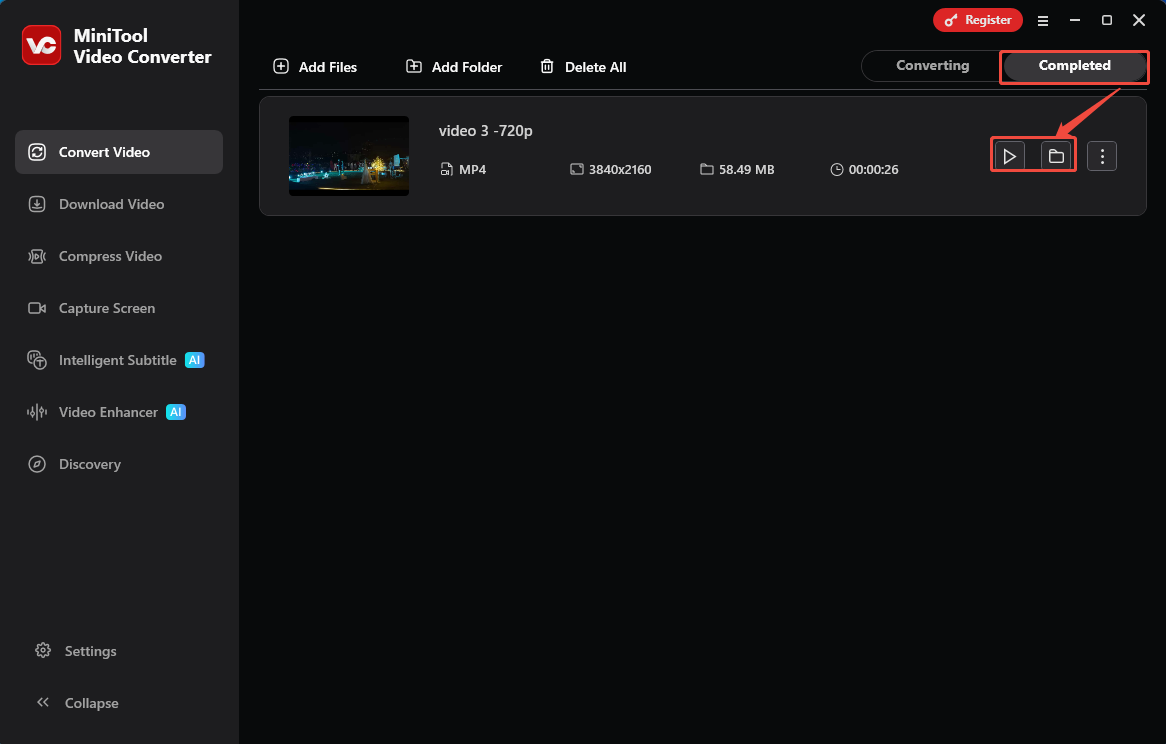 MiniTool Video Converter Completed tab with the Play icon and the Folder icon selected in the Convert Video tab.
