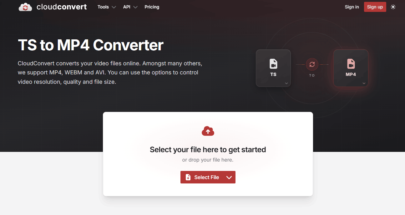 CloudConvert interface with the Select File option selected.