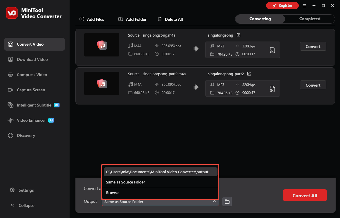 MiniTool Video Converter Convert Video interface with the Output menu expanded.