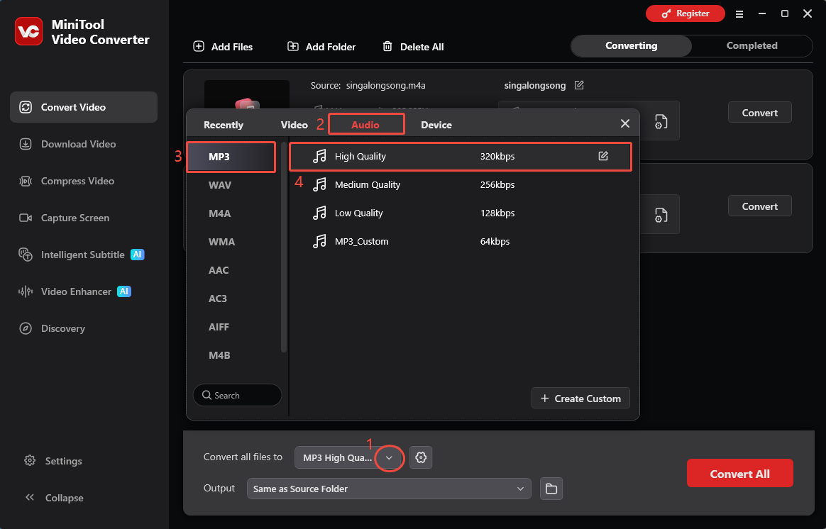 MiniTool Video Converter Convert Video interface showing how to set the output format as MP3.
