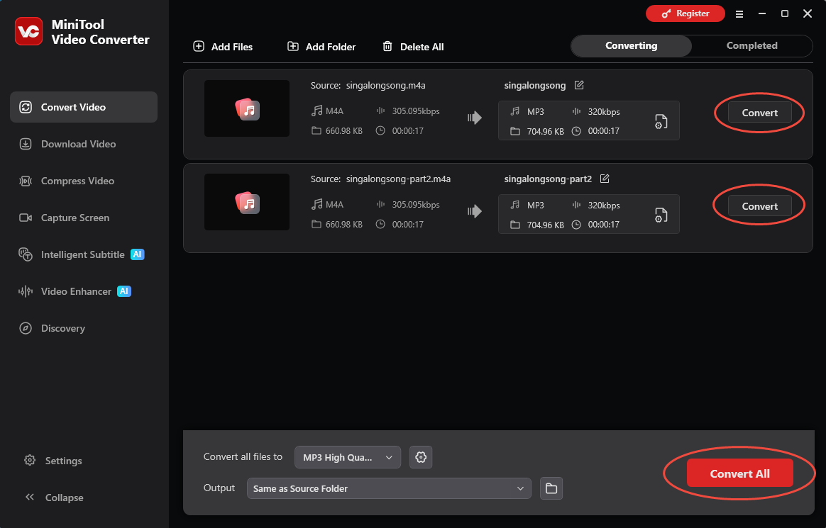 MiniTool Video Converter Convert Video interface showing how to convert a single file or all files.