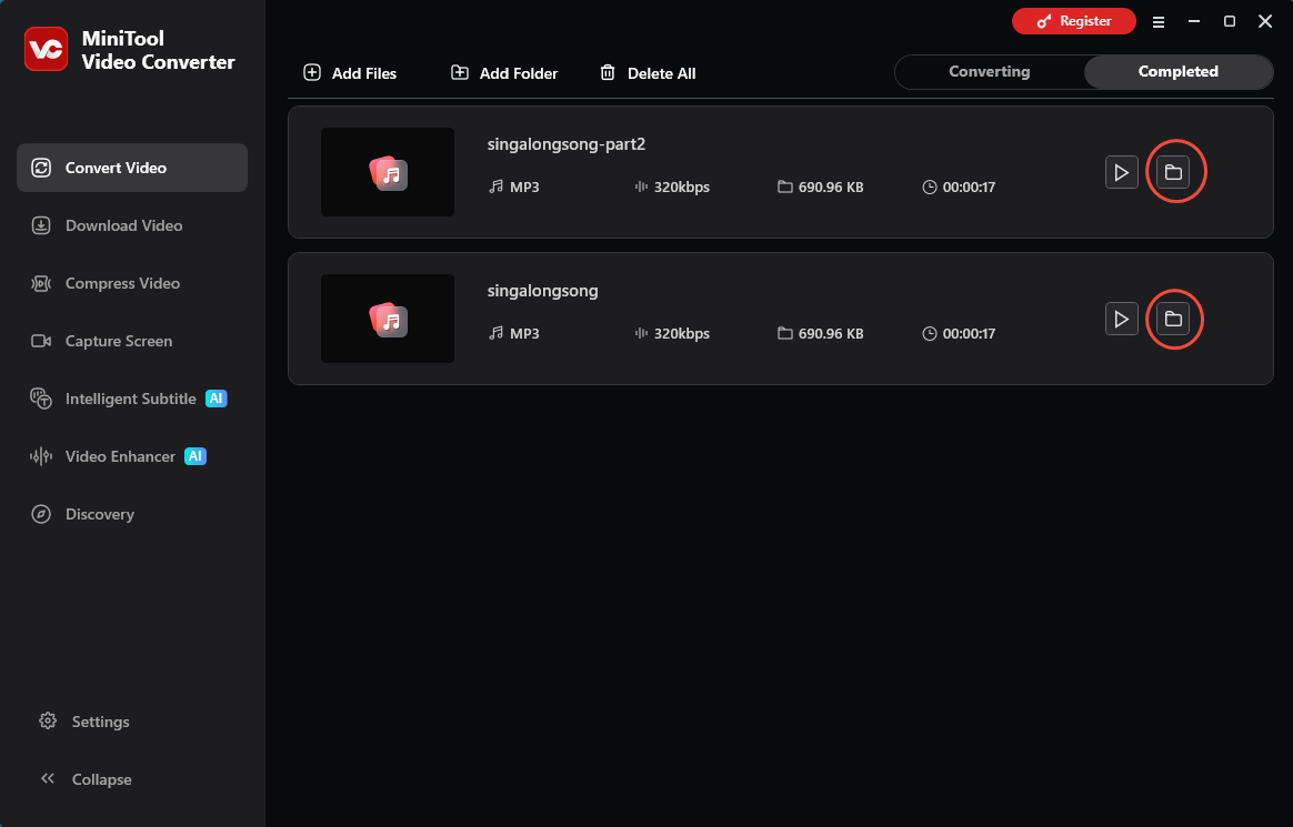 MiniTool Video Converter Convert Video interface with the folder icon selected.