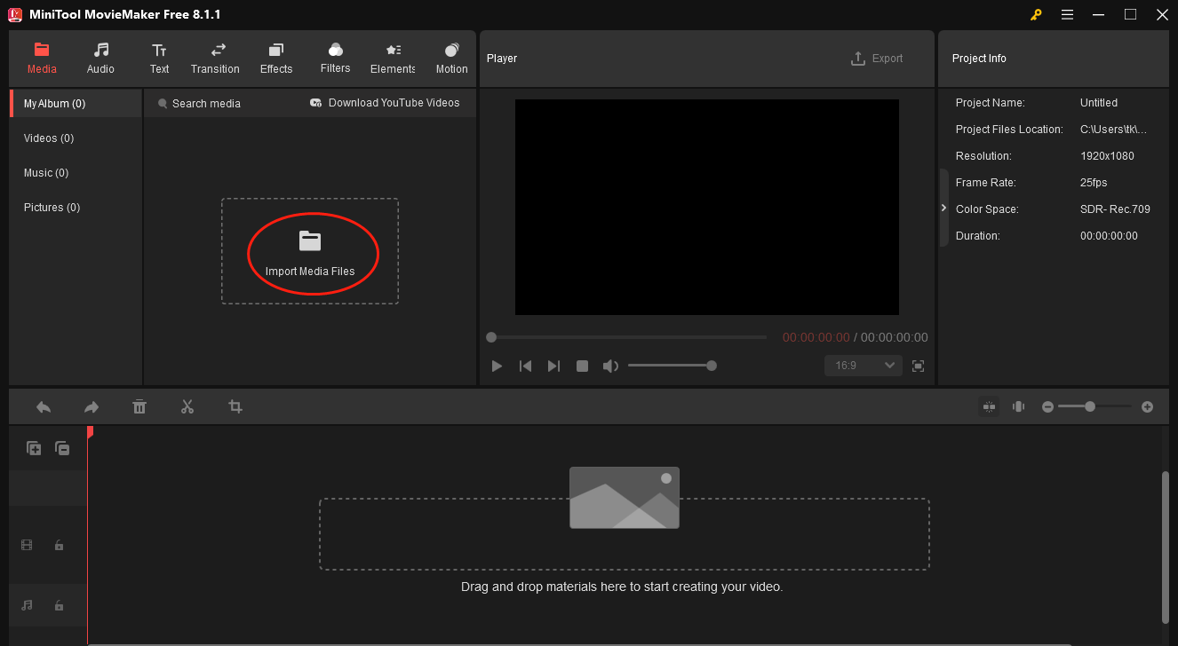 MiniTool MovieMaker interface with the Import Media Files option selected.