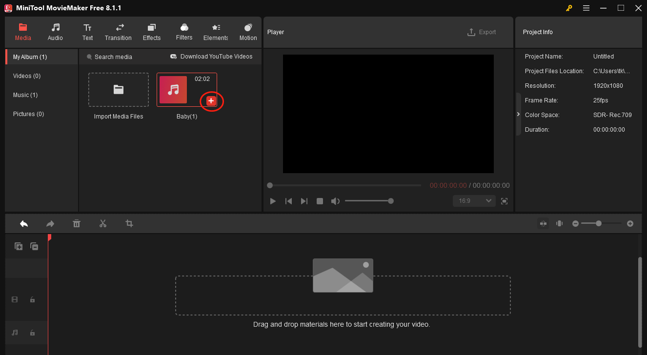 MiniTool MovieMaker interface with the plus icon selected in the imported audio file.