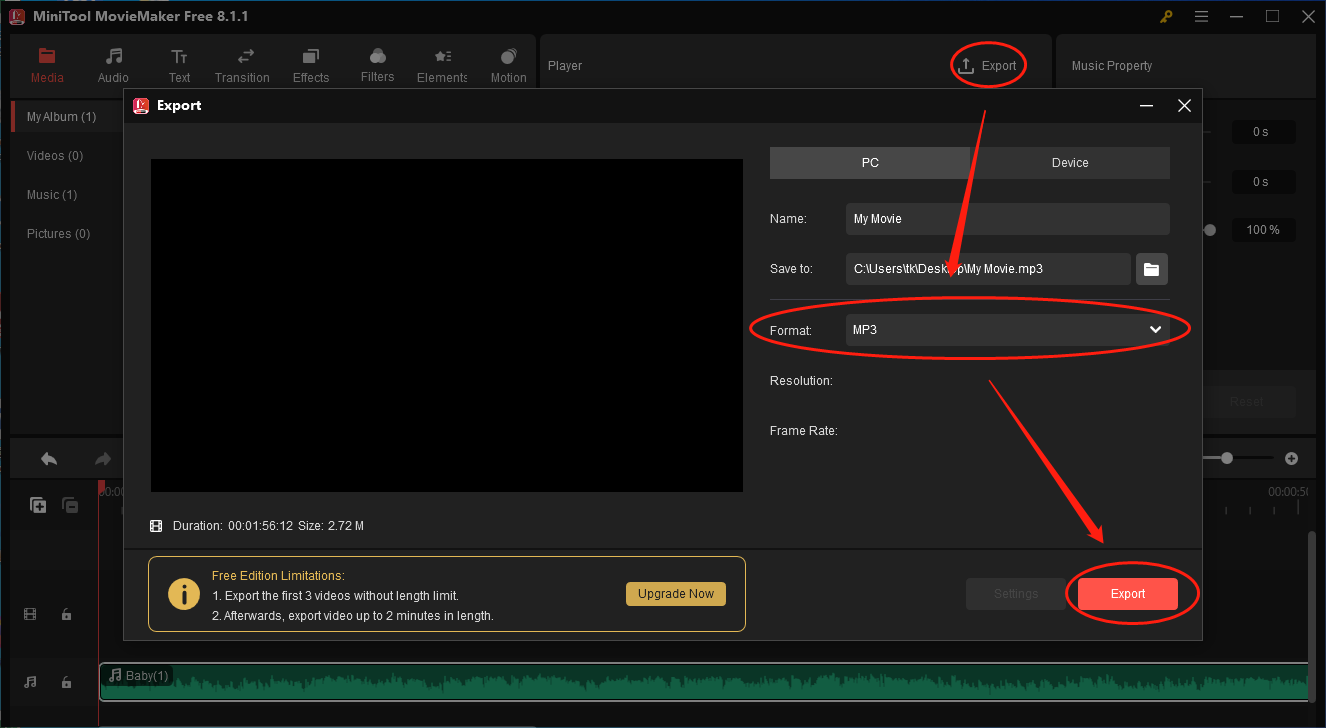 MiniTool MovieMaker interface showing how to export the audio in MP3.