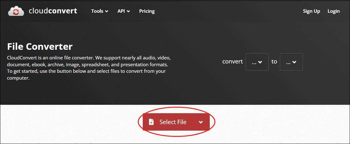 CloudConvert File Converter page with the Select File option selected.