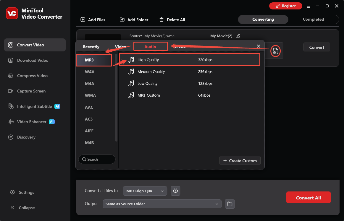 MiniTool Video Converter Convert Video interface showing how to set the export file format.