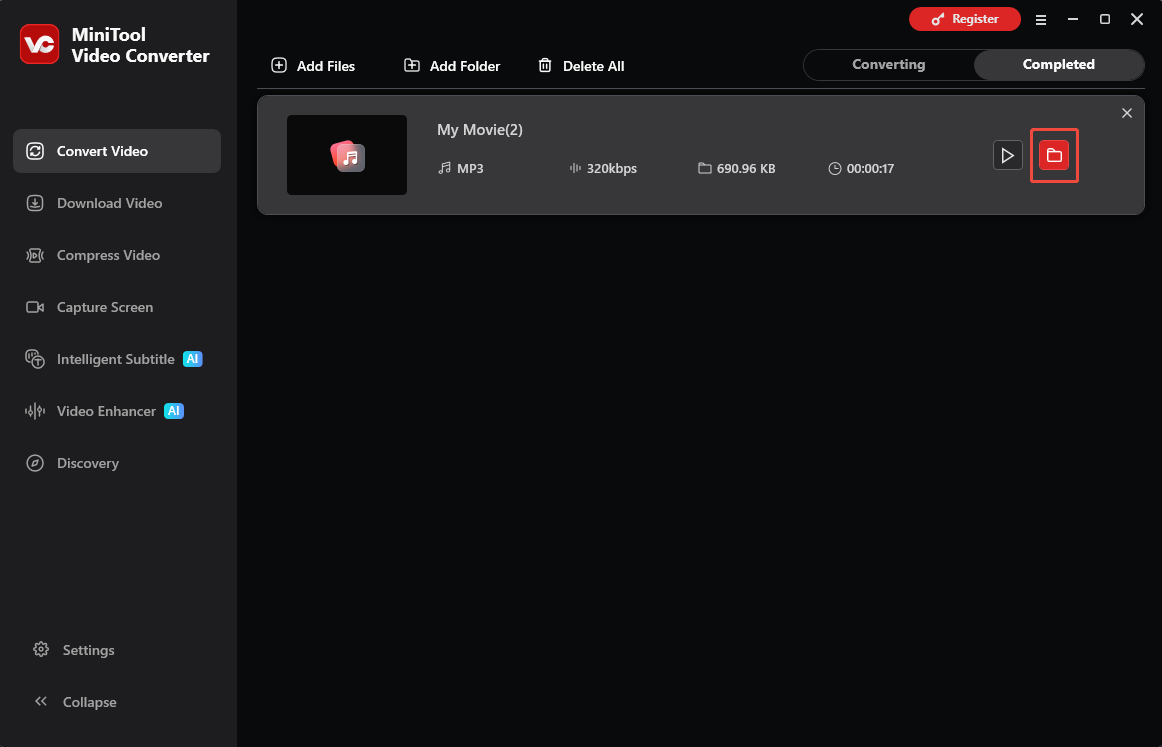 MiniTool Video Converter Convert Video interface with the folder icon selected under the Completed tab.