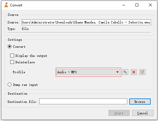 VLC Convert window with the Audio MP3 option selected in the Profile menu.