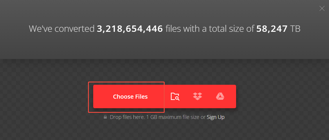 Convertio conversion interface with the Choose Files option selected.