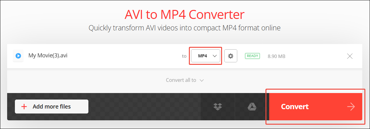 Convertio AVI to MP4 Converter interface showing how to set MP4 as output format and how to start conversion.