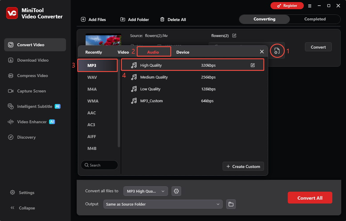 MiniTool Video Converter interface showing how to select the output format.